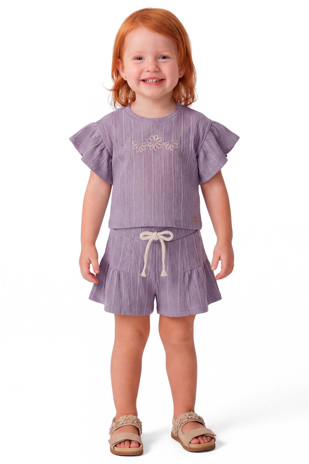 CONJ FEM BL E SHORT CANEL TRAB BORD FLOR LILAS