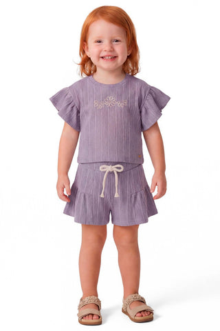 CONJ FEM BL E SHORT CANEL TRAB BORD FLOR LILAS