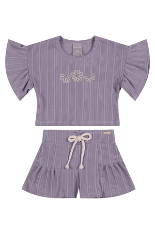 CONJ FEM BL E SHORT CANEL TRAB BORD FLOR LILAS