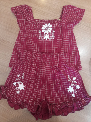 CONJ FEM BL E SHORT XADREZ FLORES RELEVO VERMELHO