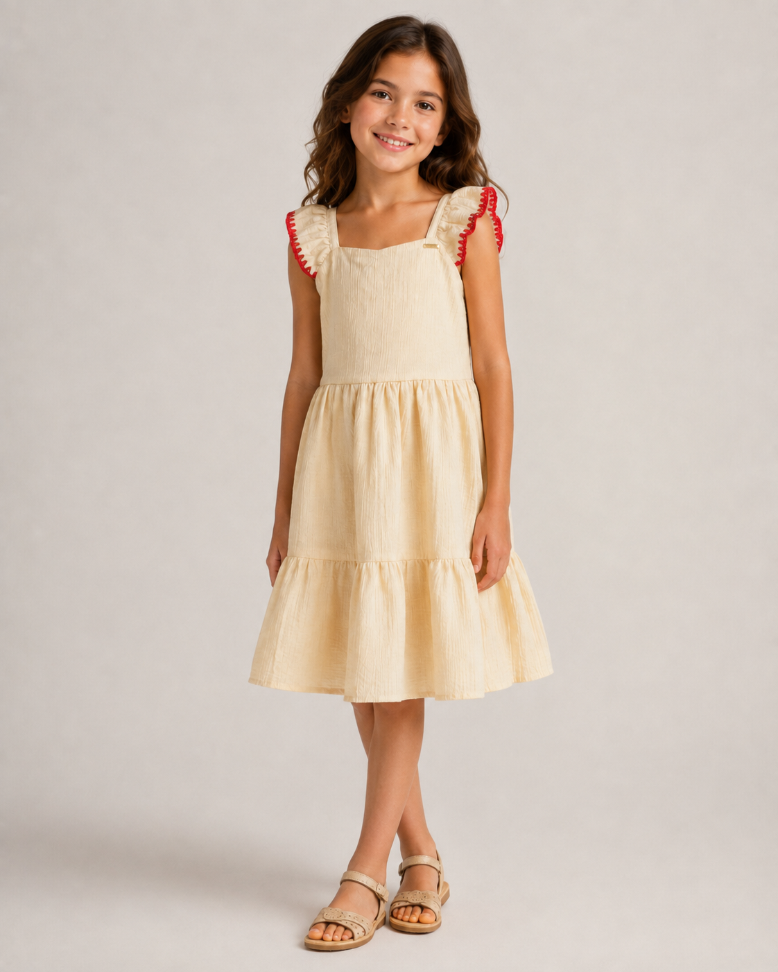 VESTIDO ALCA C DET EM BICO CREPE FRISSE BEGE