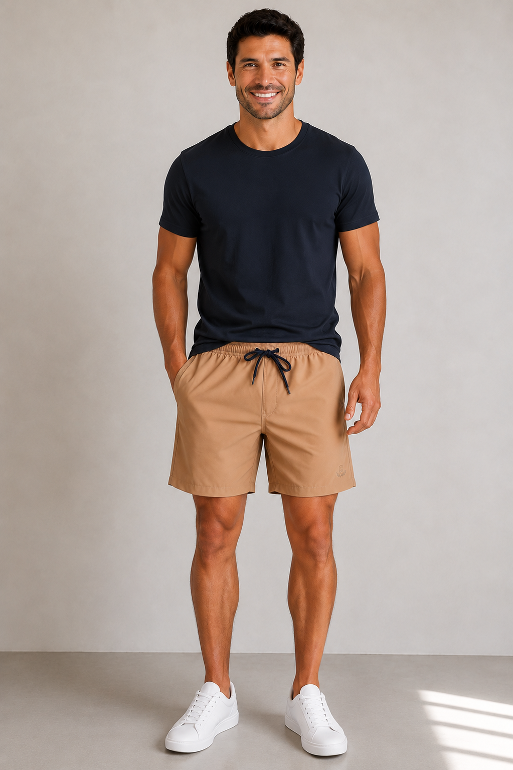SHORT TACTEL MAS LISO C ELAST COLLOR BEGE ESCURO/MARINHO