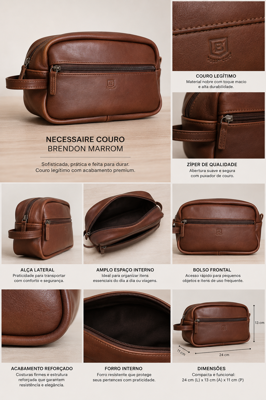 NECESSAIRE COURO BRENDON MARROM