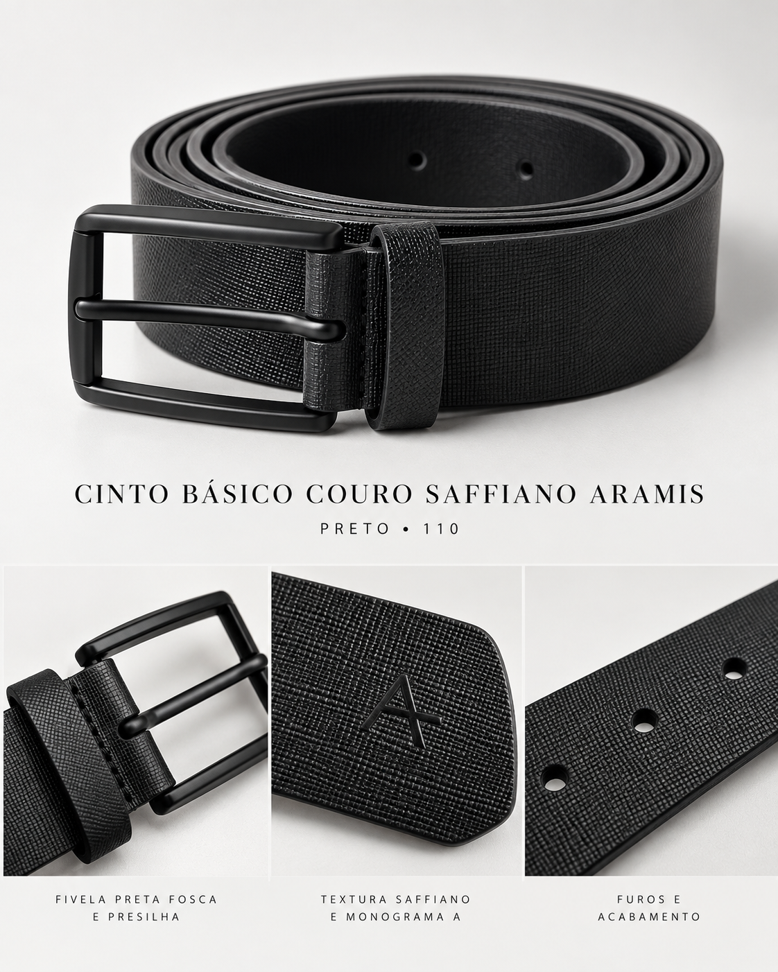 CINTO MAS BASICO COURO SAFFIANO ARAMIS PRETO