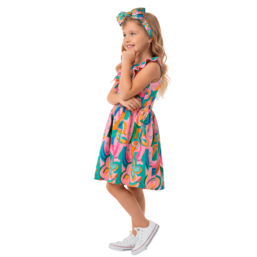 VESTIDO FEM BORBOLETANDO ALPHABETO ROSA/VERDE