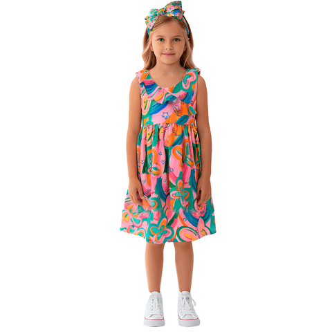 VESTIDO FEM BORBOLETANDO ALPHABETO ROSA/VERDE