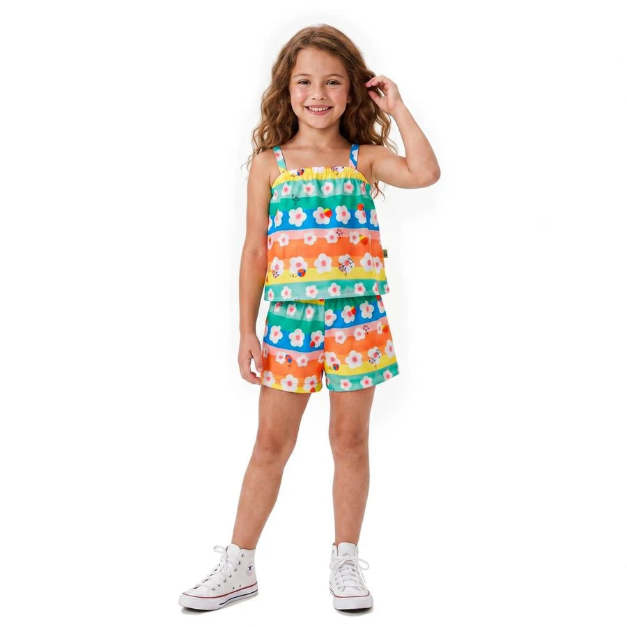 CONJUNTO FEM BASIQUINHO FUN FLORES AZUL/LARANJA
