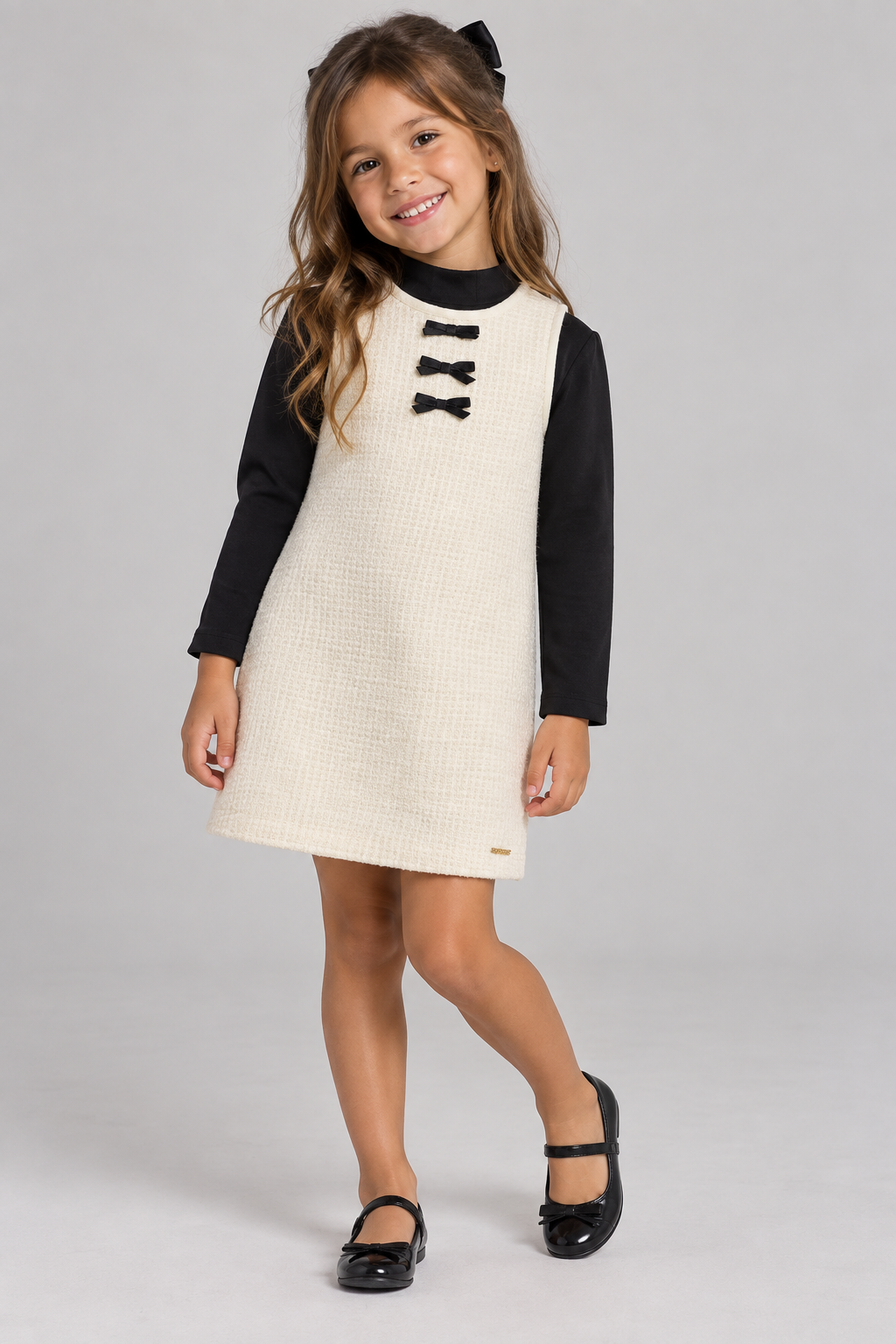 VESTIDO TWEED POLY DET LACOS C BL ML OFF WHITE/PRETO