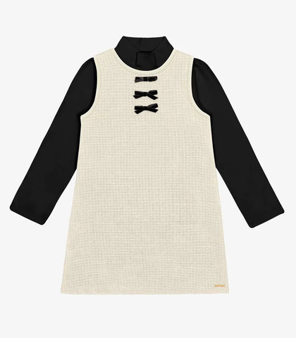 VESTIDO TWEED POLY DET LACOS C BL ML OFF WHITE/PRETO