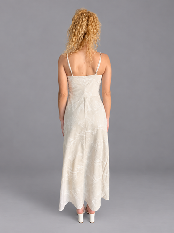 VESTIDO LONGO ALCA LINEN BORD FLOWERS NATURAL/OFF WHITE