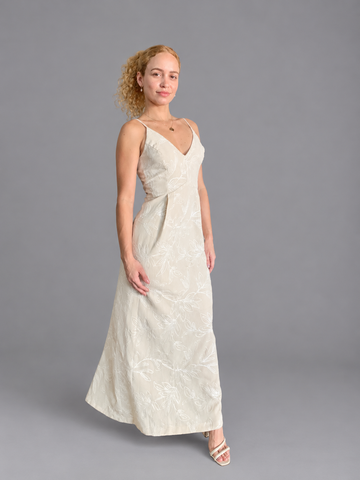 VESTIDO LONGO ALCA LINEN BORD FLOWERS NATURAL/OFF WHITE