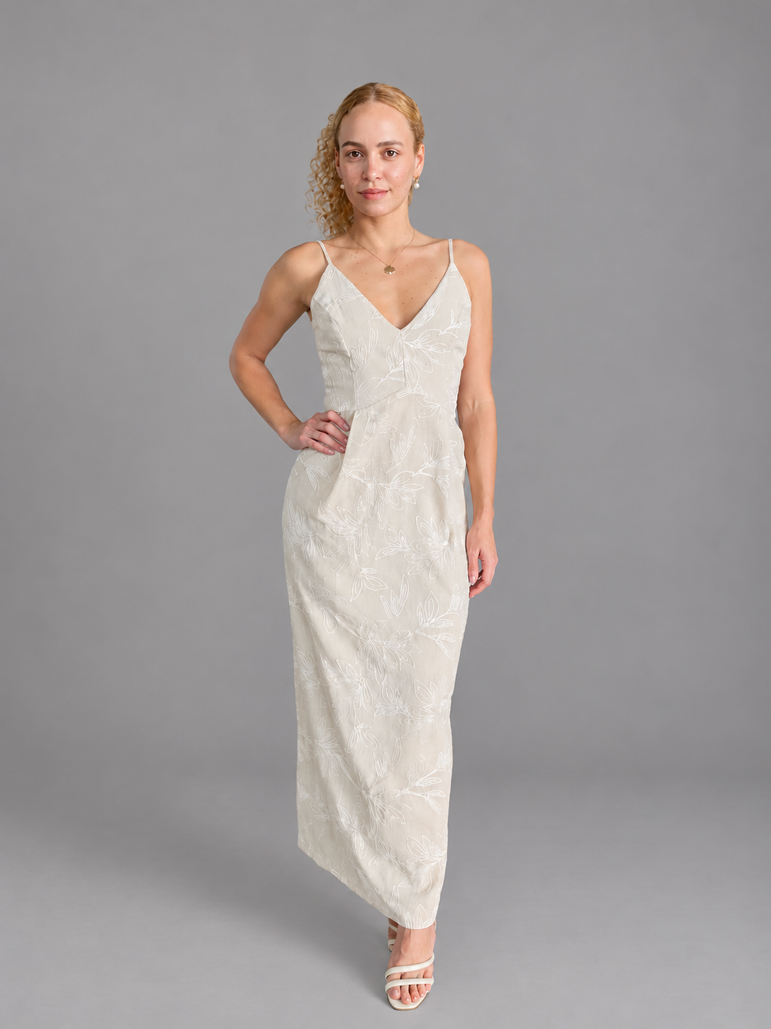 VESTIDO LONGO ALCA LINEN BORD FLOWERS NATURAL/OFF WHITE
