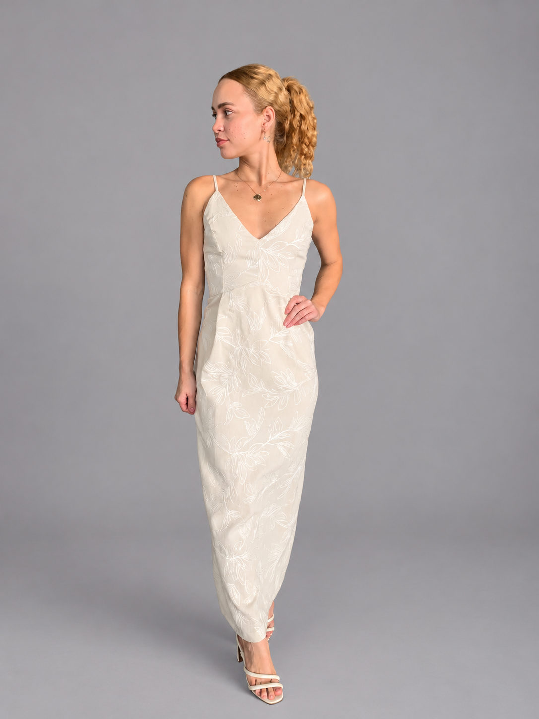 VESTIDO LONGO ALCA LINEN BORD FLOWERS NATURAL/OFF WHITE