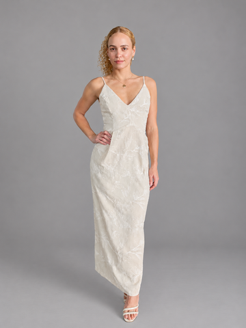 VESTIDO LONGO ALCA LINEN BORD FLOWERS NATURAL/OFF WHITE