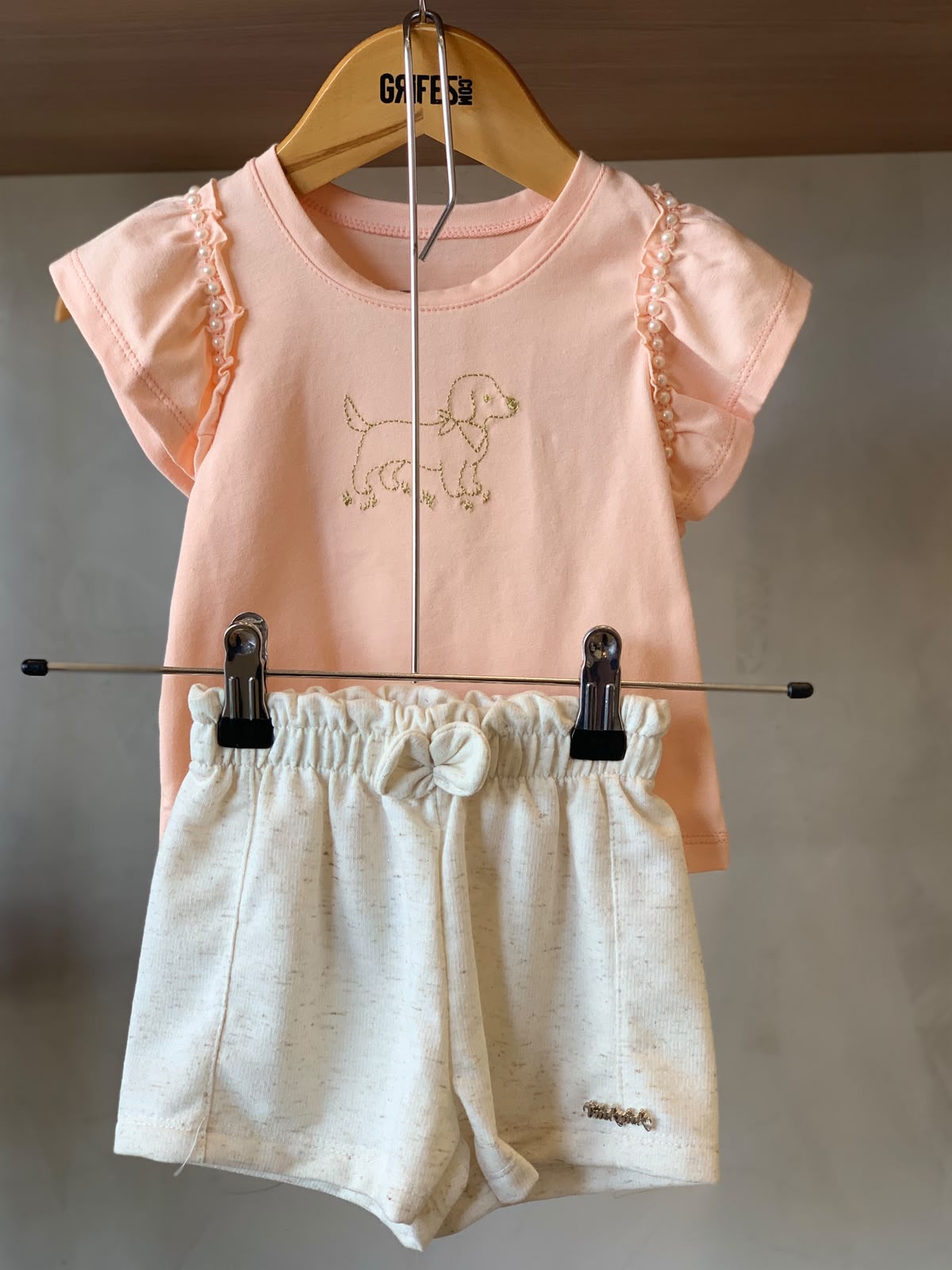 CONJ FEM BL PEROLA BORD LUREX SHORT MLT PESSEGO/OFF WHITE