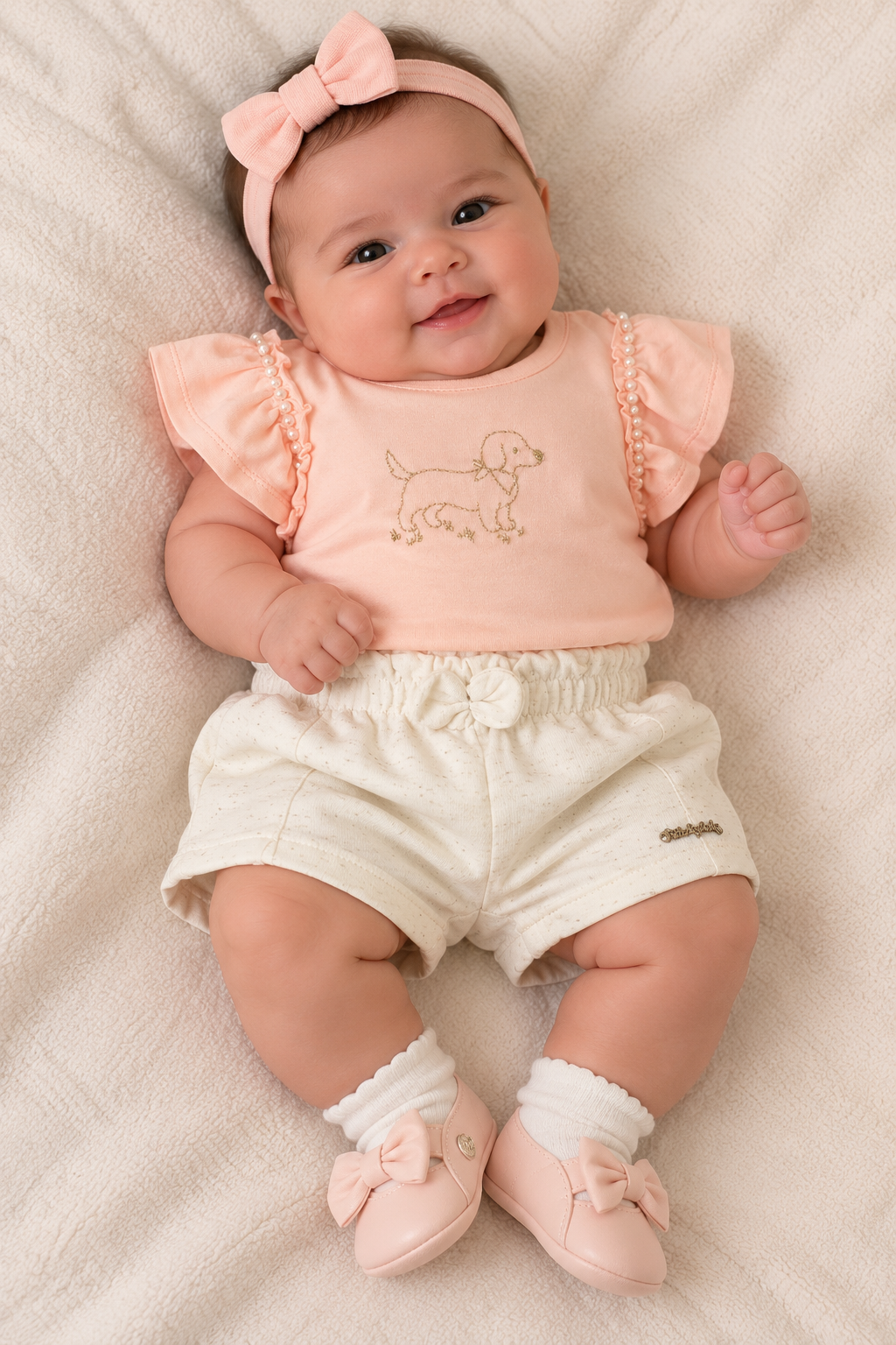CONJ FEM BL PEROLA BORD LUREX SHORT MLT PESSEGO/OFF WHITE