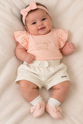 CONJ FEM BL PEROLA BORD LUREX SHORT MLT PESSEGO/OFF WHITE
