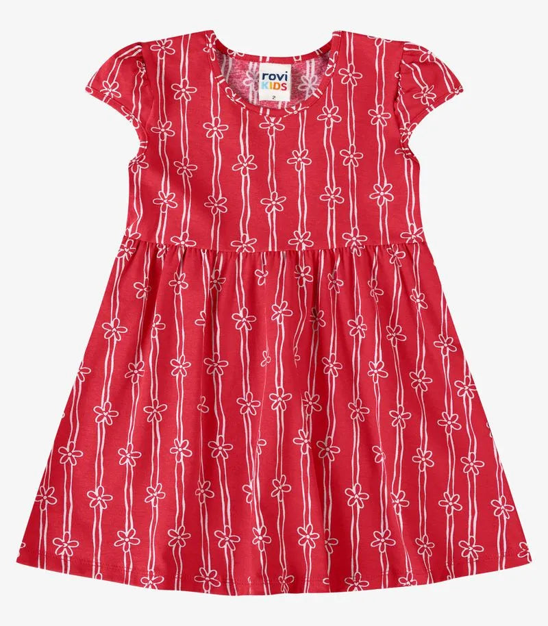 VESTIDO FEM MC LISTRAS COM FLORES VERMELHO