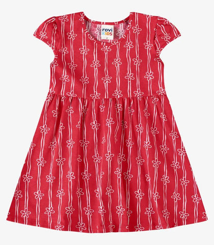 VESTIDO FEM MC LISTRAS COM FLORES VERMELHO