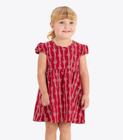 VESTIDO FEM MC LISTRAS COM FLORES VERMELHO