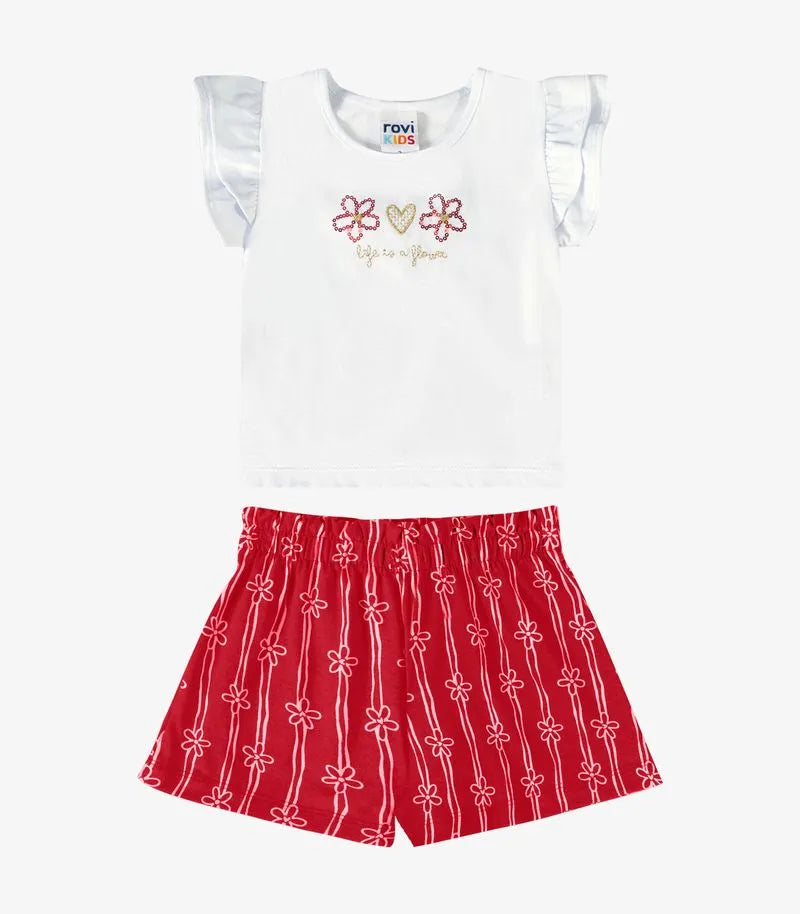 CONJ FEM BL BORD LANTEJ SHORT LIST FLOR BRANCO/VERMELHO
