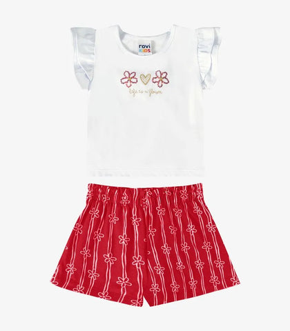 CONJ FEM BL BORD LANTEJ SHORT LIST FLOR BRANCO/VERMELHO