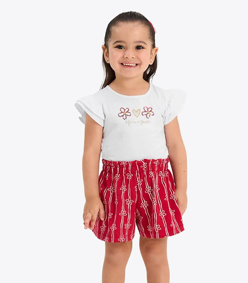 CONJ FEM BL BORD LANTEJ SHORT LIST FLOR BRANCO/VERMELHO
