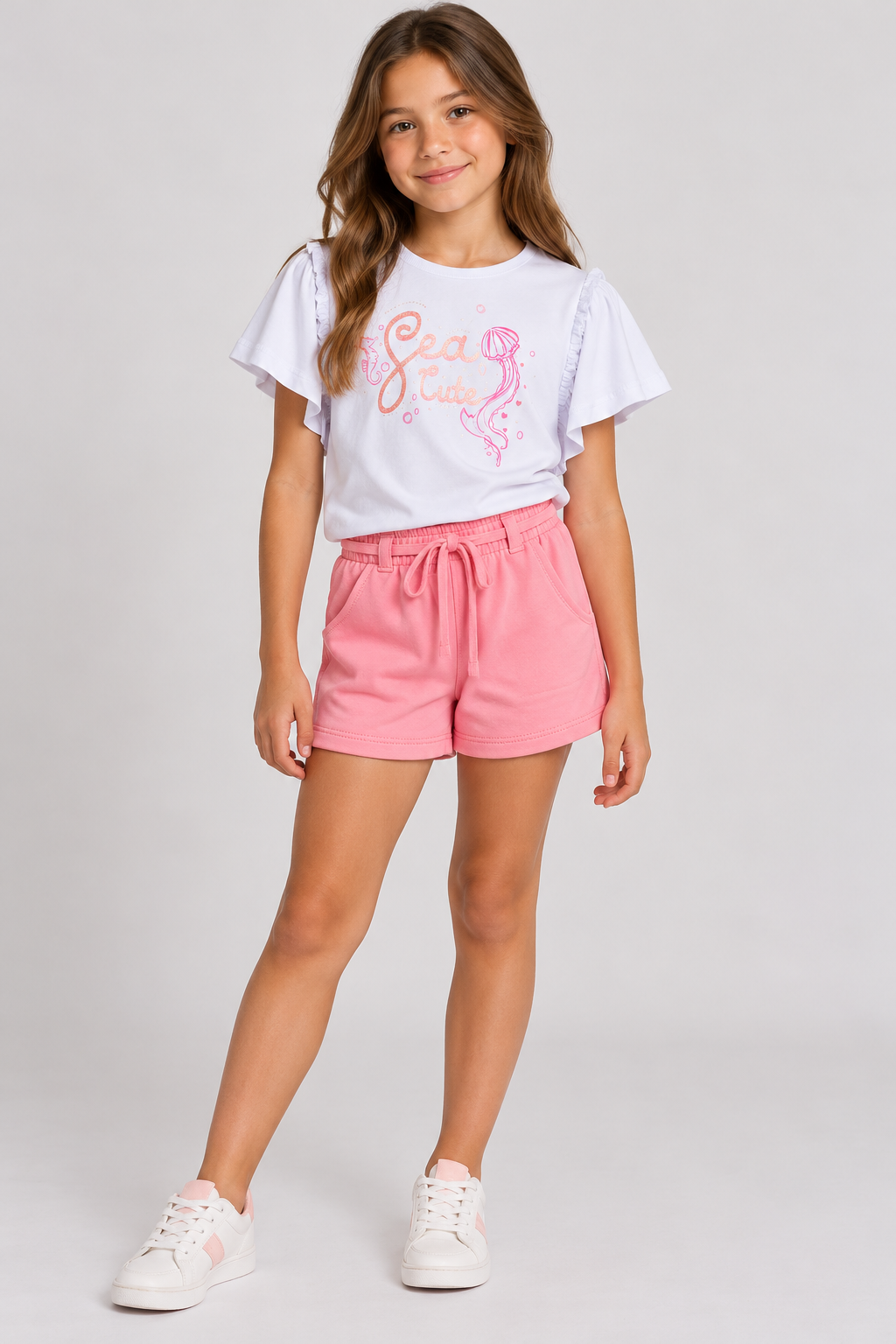 CONJ FEM BL SEA CUTE LANT GLIT SHORT MLT BRANCO/ROSA