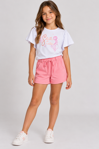 CONJ FEM BL SEA CUTE LANT GLIT SHORT MLT BRANCO/ROSA