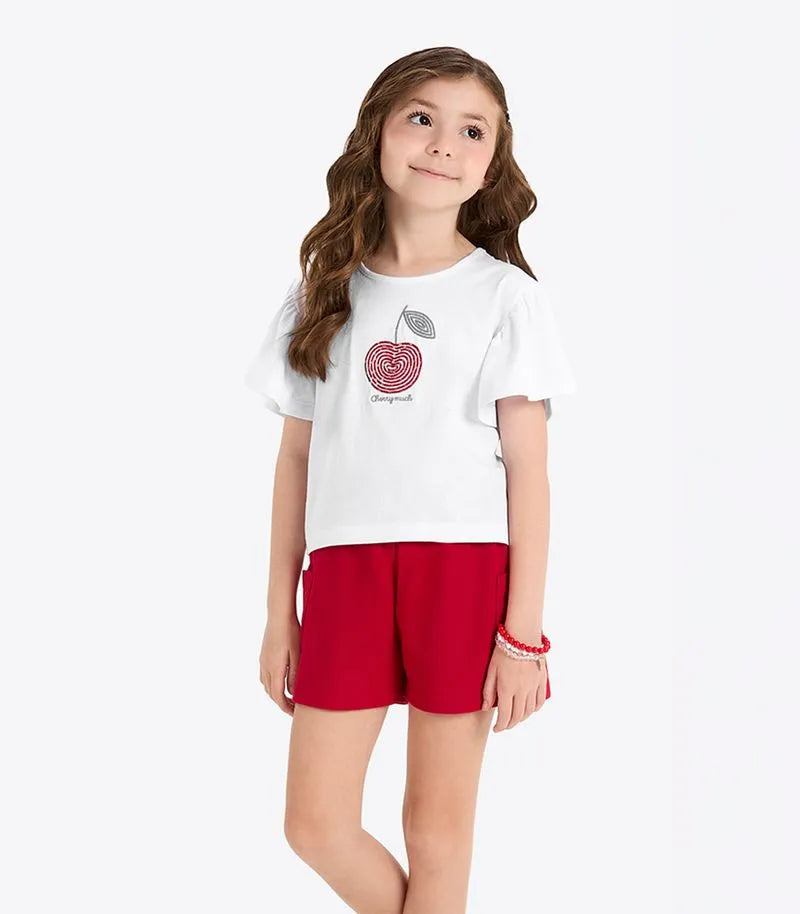 CONJ FEM BL CEREJA BORD LANT E SHORT MLT BRANCO/VERMELHO