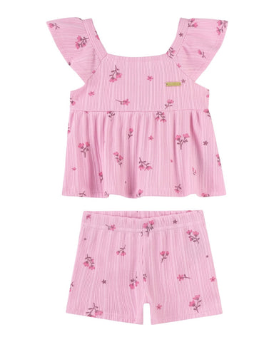CONJ FEM REG E SHORT CANEL TRAB FLORES ROSA CLARO