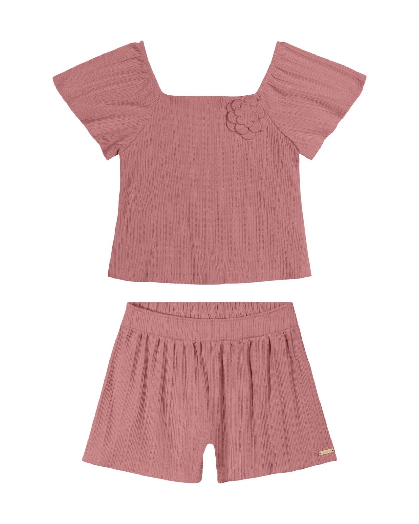 CONJ BL APLIQUE FLOR E SHORT CANEL TRAB ROSA SECO
