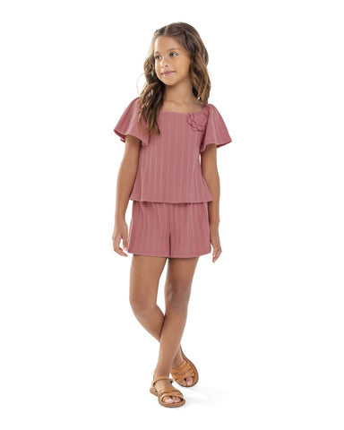 CONJ BL APLIQUE FLOR E SHORT CANEL TRAB ROSA SECO