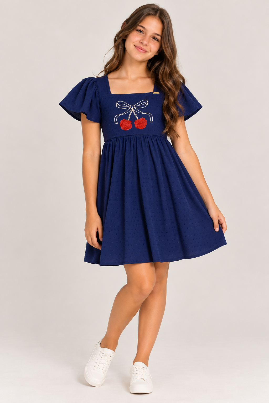 VESTIDO MALHA POA BORDADO CEREJAS MARINHO