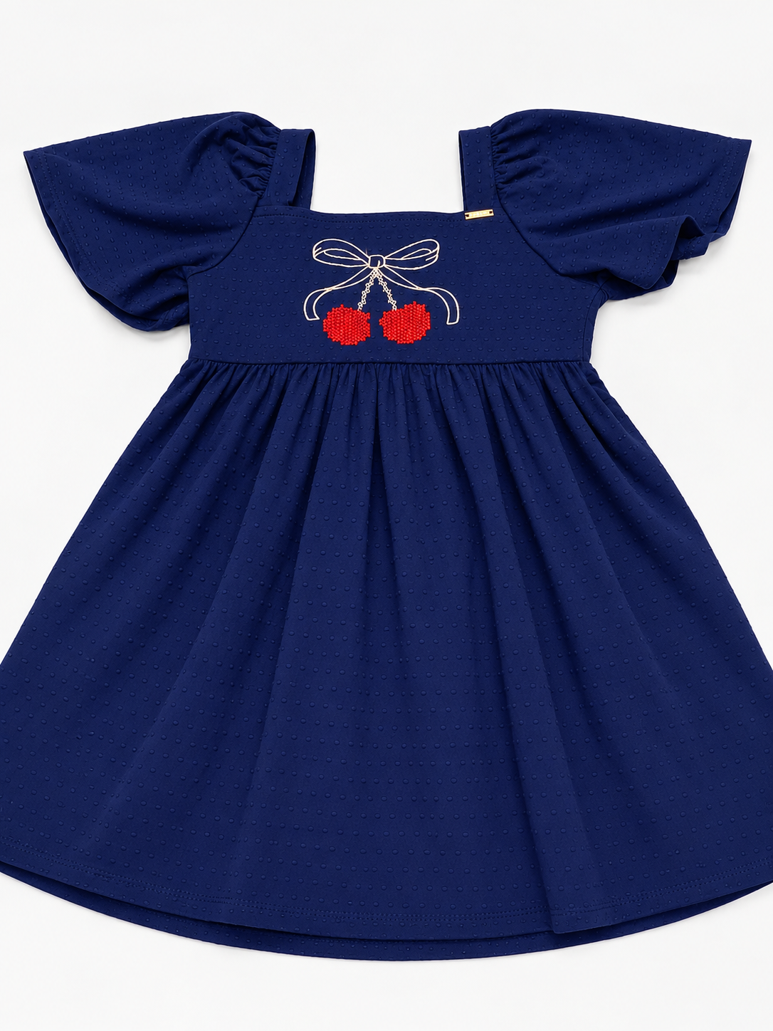 VESTIDO MALHA POA BORDADO CEREJAS MARINHO
