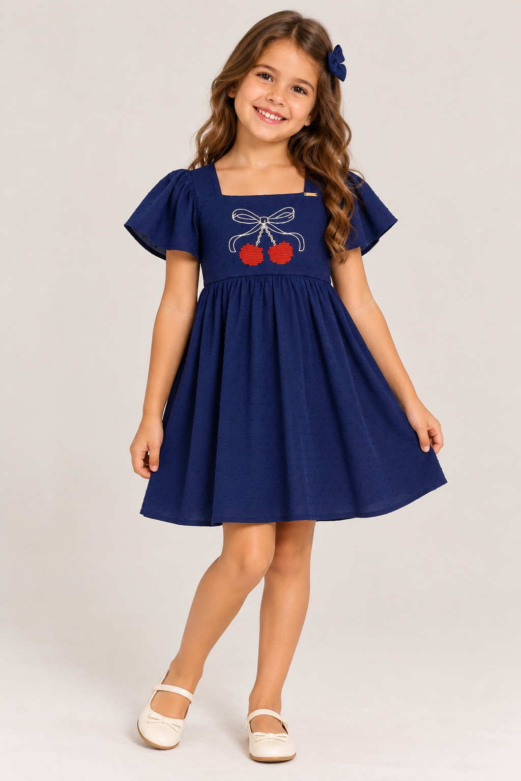 VESTIDO MALHA POA BORDADO CEREJAS MARINHO