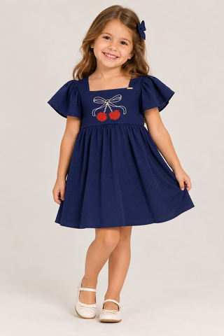 VESTIDO MALHA POA BORDADO CEREJAS MARINHO