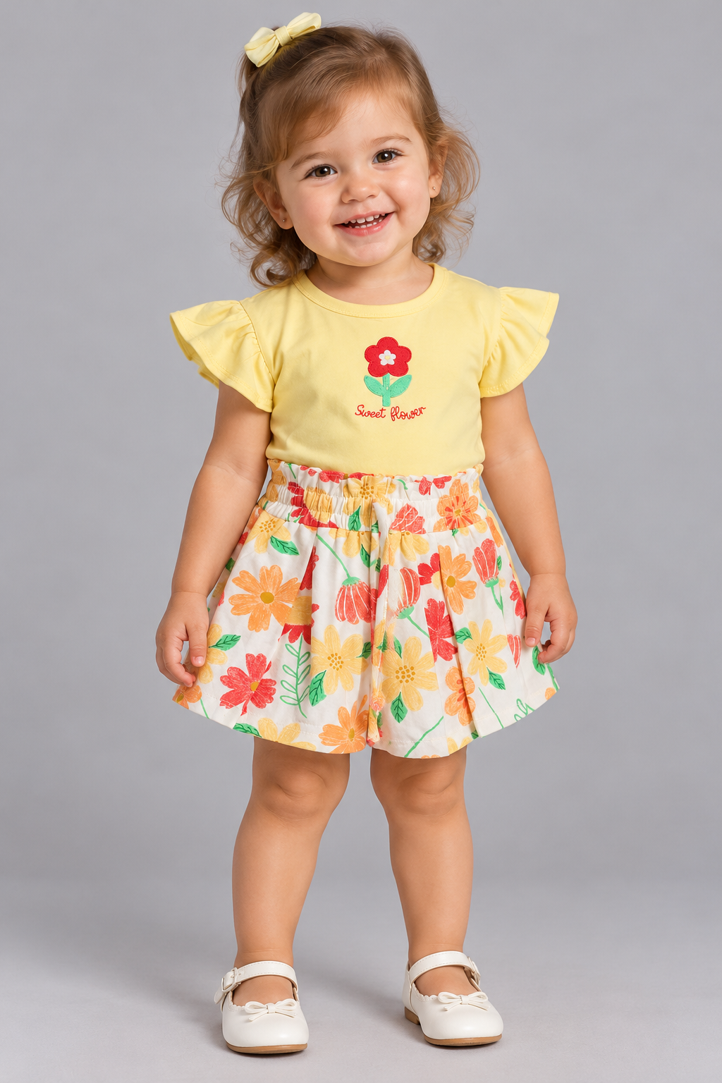 CONJ FEM BL BORD FLOR E SHORT EST FLORAL AMARELO/VERMELHO
