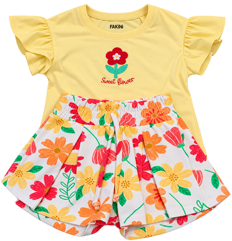 CONJ FEM BL BORD FLOR E SHORT EST FLORAL AMARELO/VERMELHO