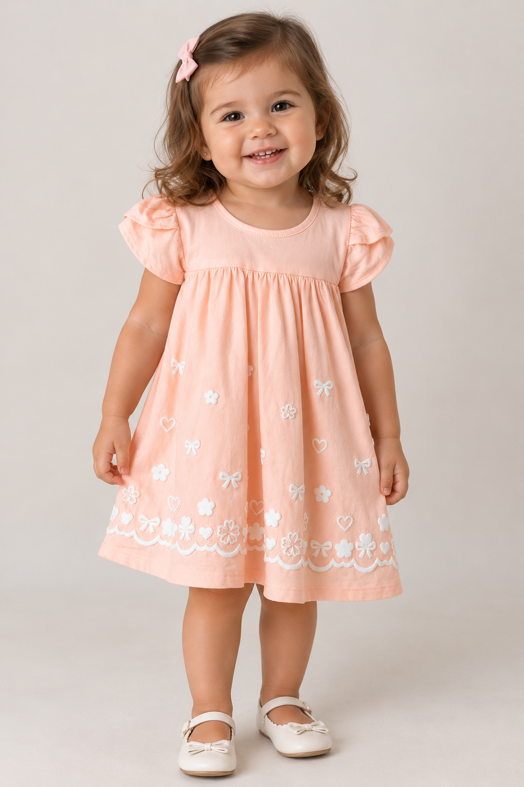 VESTIDO MC EST LACO FLOR GLITT E STRASS PESSEGO