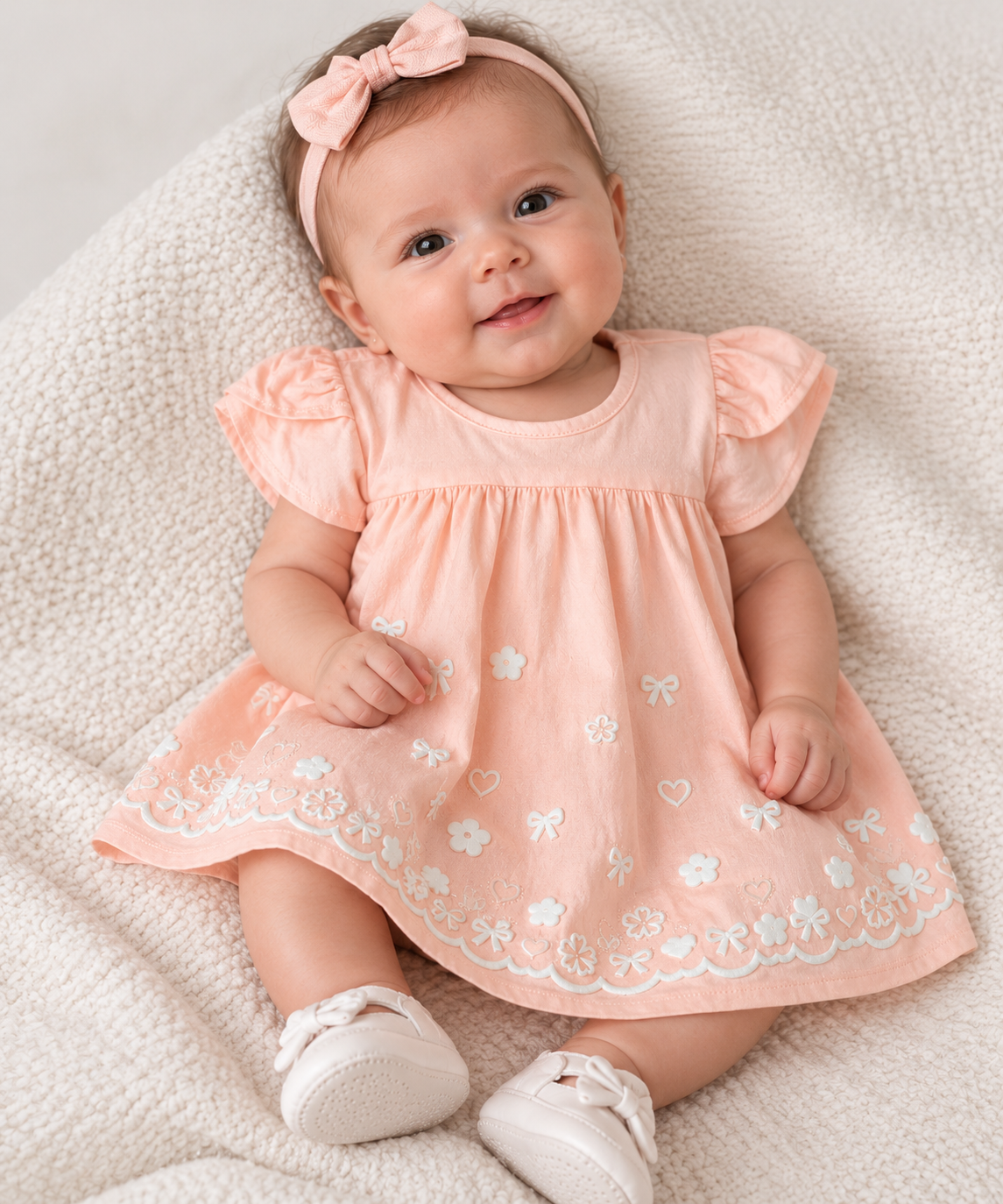 VESTIDO MC EST LACO FLOR GLITT E STRASS PESSEGO