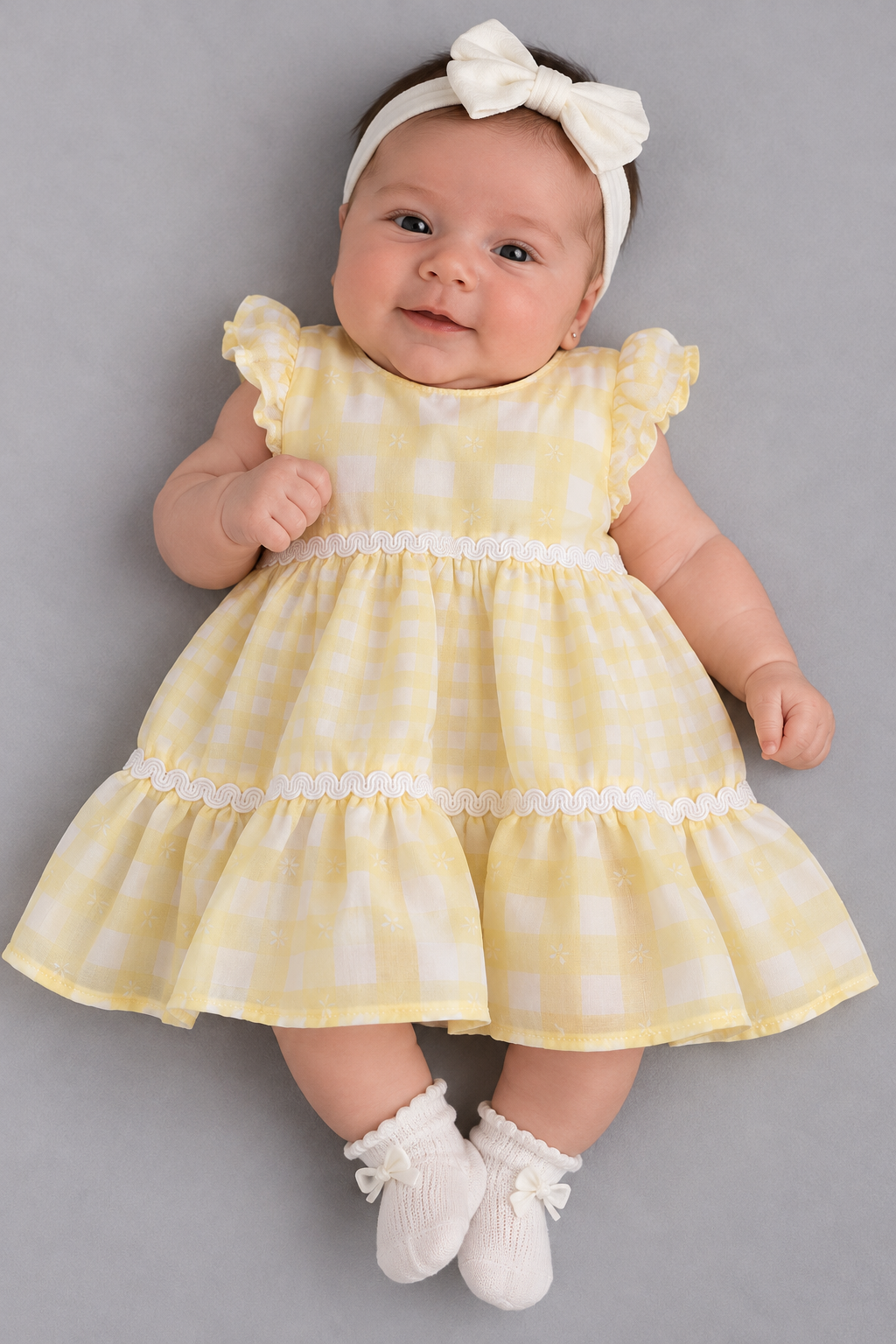 VESTIDO MC CHIFFON XADREZ FITAS DECOR BAUNILHA