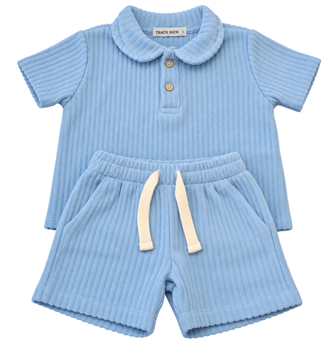 CONJ MAS POLO E BERM PLUSH CANELADO AZUL NUVEM