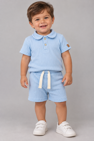 CONJ MAS POLO E BERM PLUSH CANELADO AZUL NUVEM