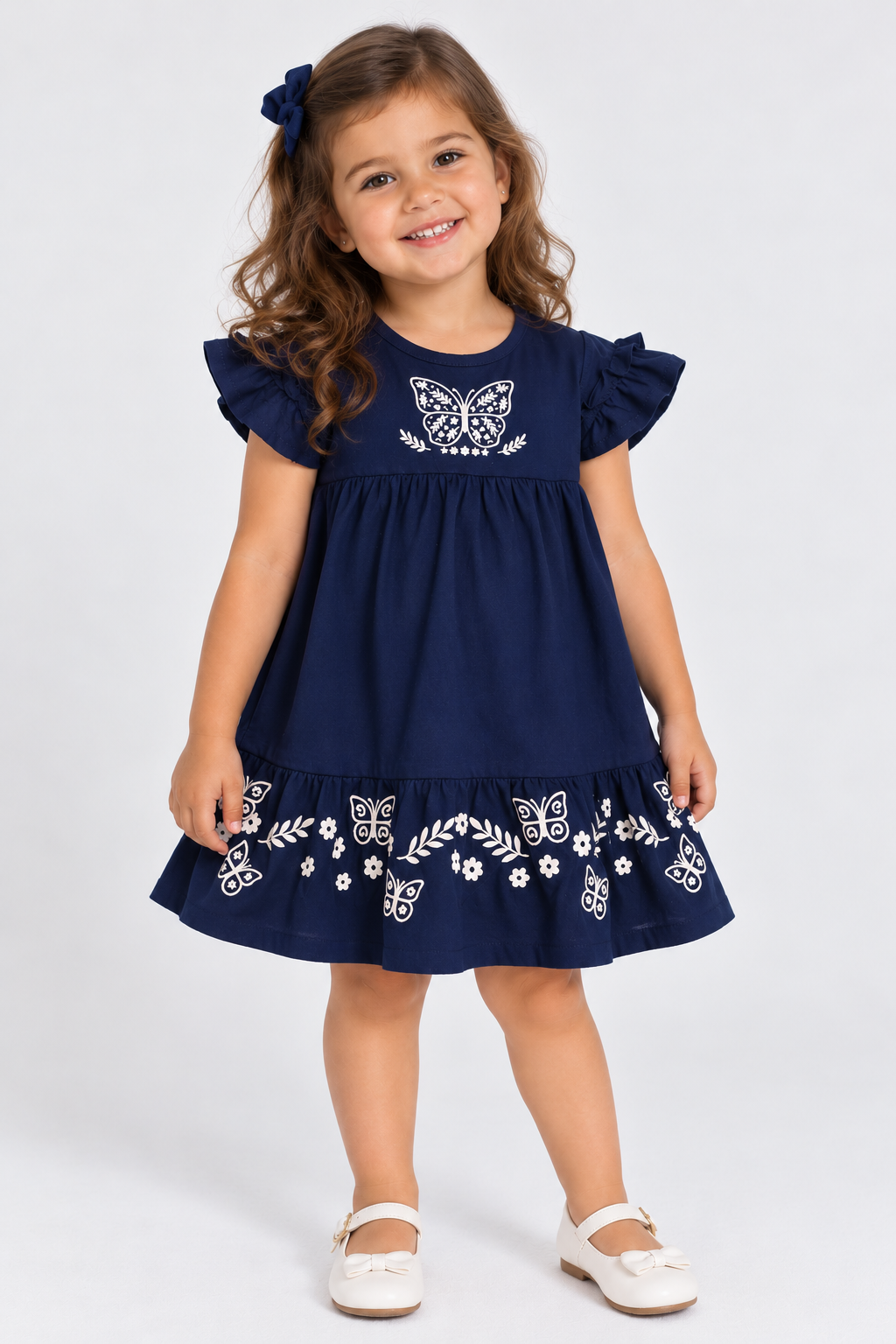VESTIDO MC C DET EST BORB FLORES GLITTER MARINHO