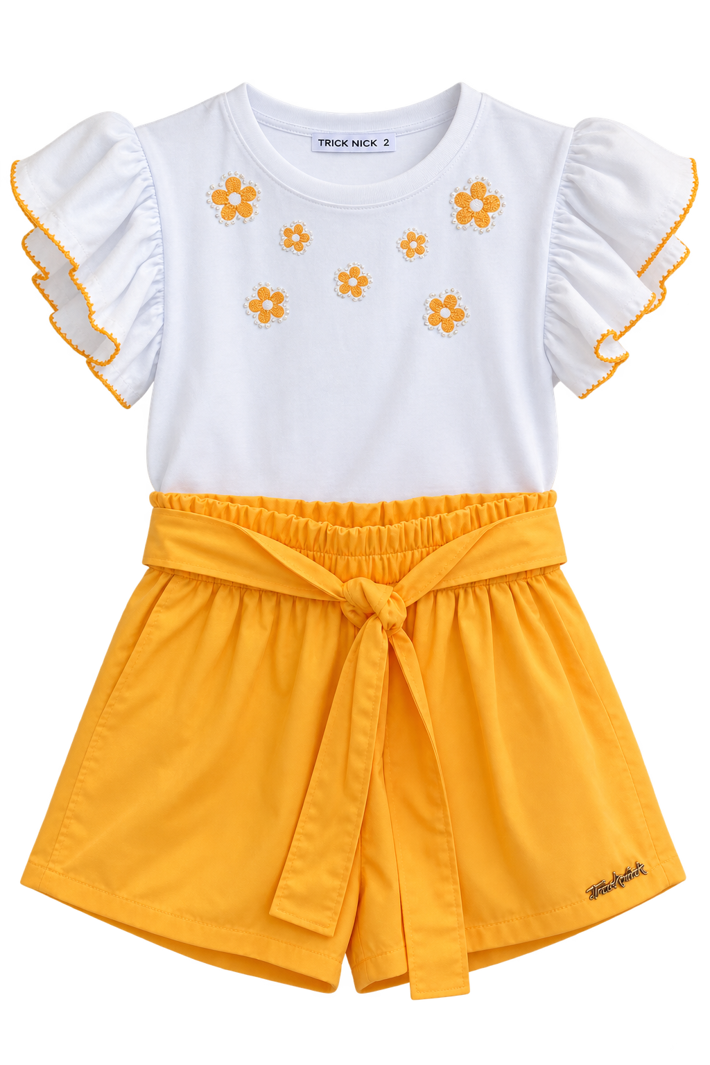 CONJ FEM BL MC BAB FLOR GLIT SHORT TRIC BRANCO/LARANJA