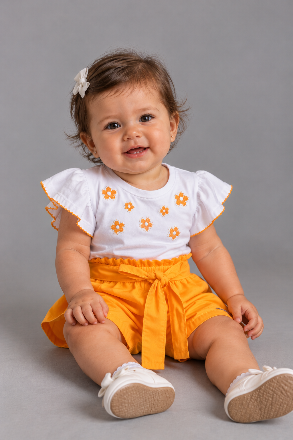 CONJ FEM BL MC BAB FLOR GLIT SHORT TRIC BRANCO/LARANJA