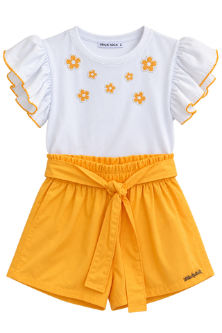 CONJ FEM BL MC BAB FLOR GLIT SHORT TRIC BRANCO/LARANJA