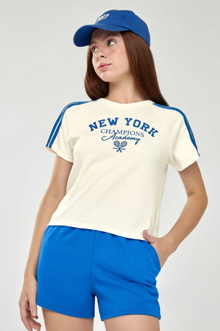 CONJ FEM JUV BL NEW YORK E SHORT MLT OFF WHITE/AZUL