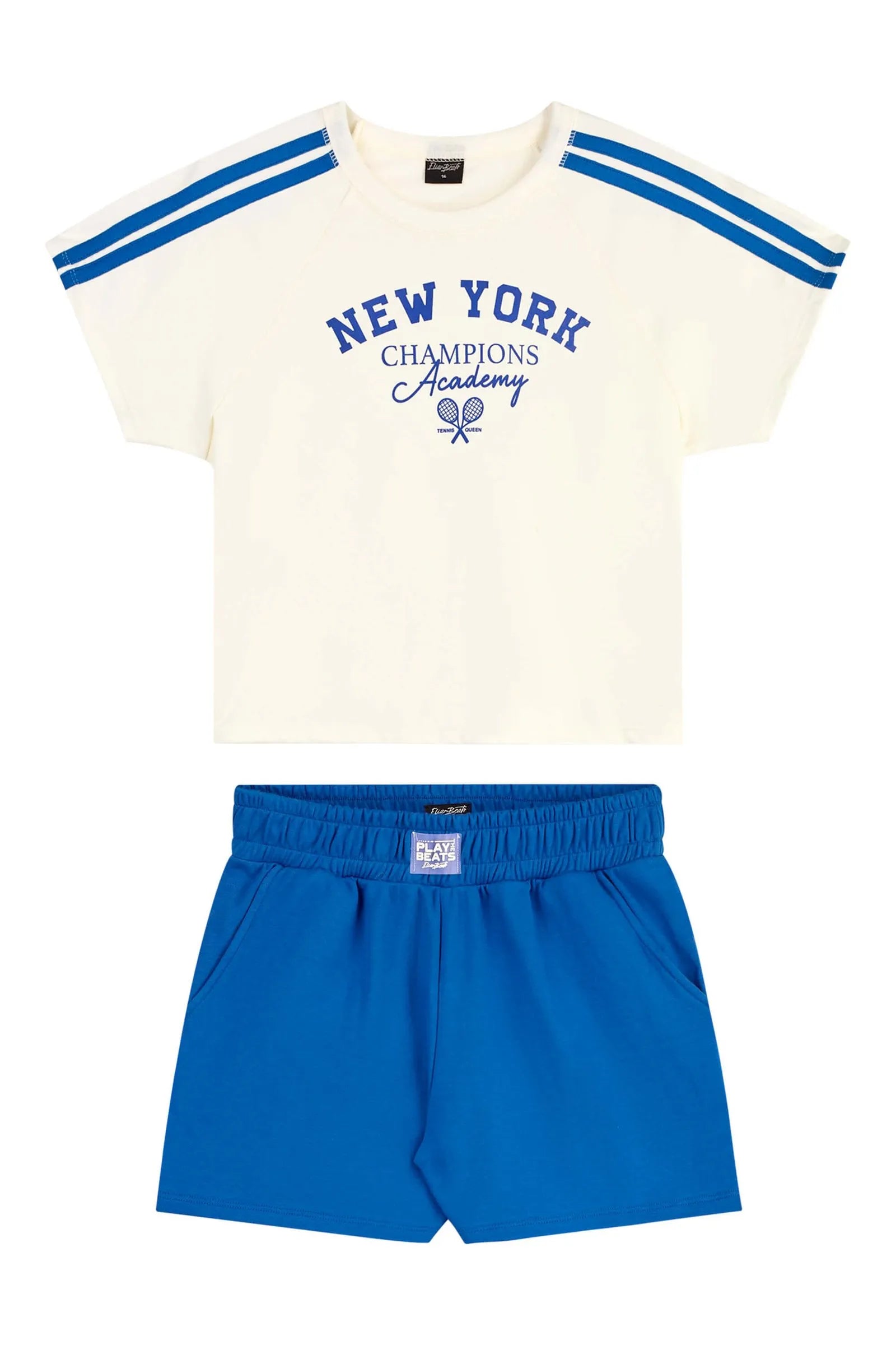 CONJ FEM JUV BL NEW YORK E SHORT MLT OFF WHITE/AZUL